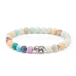 Bracciale elasticizzato con pietre preziose naturali e agata tonda e perline con elefante in lega da donna&nbsp;BJEW-JB08364