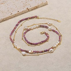 Двухслойные ожерелья из натурального лепидолита и жемчуга NJEW-G121-01G