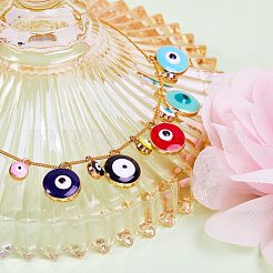 ライトゴールドメッキの合金チャーム  エナメル  ナザールボンジュウ付きフラットラウンド  ミックスカラー  70個/箱&nbsp;sgENAM-SZ0001-37LG