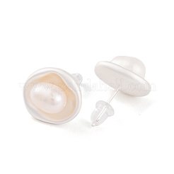 女性用フラットラウンド真鍮＆淡水パールスタッドピアス  マットシルバーカラー  14x14mm&nbsp;EJEW-G391-04MS
