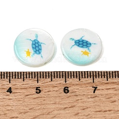 海のプリント柄天然淡水貝のフラットラウンドいビーズ  カメ  15.5x3~3.5mm  穴：0.8mm&nbsp;SHEL-A006-13L