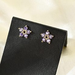 真鍮製マイクロパヴェキュービックジルコニアスタッドピアス  鉛フリー＆カドミウムフリー  長持ちメッキ  ラックめっき  18KGP本金メッキ  花  8x8mm&nbsp;EJEW-R016-26G-12