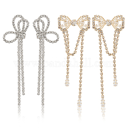 Anattasoul 2 paires 2 style cristal strass bowknot boucles d'oreilles pendantes, Boucles d'oreilles longues en alliage avec pampilles pour femmes, platine et or clair, 71~81x23~25mm, pin: 0.7 mm, 1 paire/style