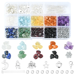 Kit de búsqueda de fabricación de joyas de diy, incluyendo chips de piedras preciosas mixtas naturales y cuentas de semillas de vidrio, Colgante y cierres de aleación de elefante, corazón y estrella, anillos de salto de latón y pasador de ojo
