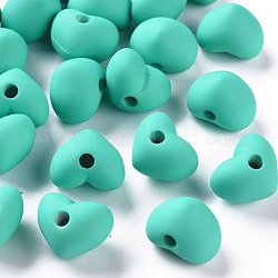 Perles acryliques, de Style caoutchouté, demi-percés perles, cœur, vert de mer clair, 14.5x18.5x13.5mm, Trou: 3.5mm