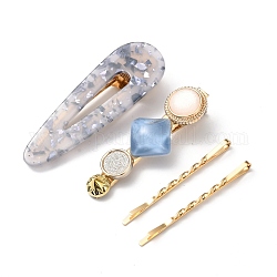 Iron Alligator Hair Clips Sets, with Cellulose Acetate(Resin), Teardrop & Flat Round and Rhombus, Golden, Steel Blue, 55~69x5~23.5x2~16mm, 4pcs/set