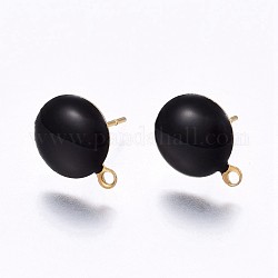 Ion Plating(IP) 304 Stainless Steel Stud Earring Findings, with Loop, Enamel, Flat Round, Golden, Black, 12.5x10x2mm, Hole: 1.2mm, Pin: 0.8mm, 100pc/bag