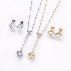 304 Stainless Steel Jewelry Sets, Stud Earrings and Pendant Necklaces, with Rhinestone and Cubic Zirconia, Rhombus, Mixed Color, 16.54 inch(42cm), 12x12x4mm, pin: 0.8mm