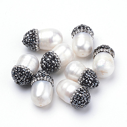 Culture des perles perles d'eau douce naturelles, avec strass en pâte polymère, larme, blanc crème, 18x11mm, Trou: 0.5~1mm