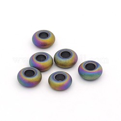 Electroplate Non-magnetic Synthetic Hematite Beads, Large Hole Rondelle Beads, Frosted, Rainbow Plated, 14x6mm, Hole: 5.5mm