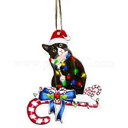 Christmas Cat Shape Acrylic Pendant Decoration, with Nylon Rope and Iron Bell, for Car Rear View Mirror Hanging Ornament, Candy Cane, 79x63x4mm, Hole: 2.5mm
