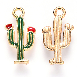 Pendentifs d'émail en alliage, cactus, or clair, verte, 19x10x2.5mm, Trou: 1.8mm