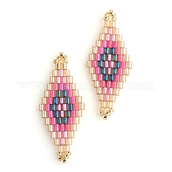 Miyuki & toho perles de rocaille japonaises, Liens faits à la main, motif de losange métier à tisser, rose chaud, 31~32.5x13~13.5x1.5~2mm, Trou: 1mm