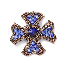 Perles de rocailles faites à la main, pendentifs croix avec strass en verre, Dodger bleu, 46x42x6mm, Trou: 1.5x2mm