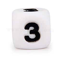 Perlas de silicona, para hacer pulseras o collares, estilo de números arábigos negros, cubo blanco, num. 3, 10x10x10mm, agujero: 2 mm