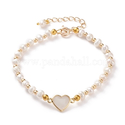 Bracelets à maillons coeur en coquillage blanc naturel, avec des perles de nacre naturelle, perles en laiton et fermoirs à ressort, couleur de coquillage, or, 7-5/8 pouce (19.5 cm)