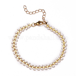 Brass Enamel Cobs Chain Bracelets, with 304 Stainless Steel Lobster Claw Clasps, White, Real 18K Gold Plated, 7-3/8 inch(18.6cm)