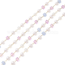 Cube à facettes en verre et plastique ABS, chaînes de perles d'imitation de perles, avec accessoires en acier inoxydable doré clair 304, soudé, violette, 4x2.5mm, 4x2.5x2.5mm
