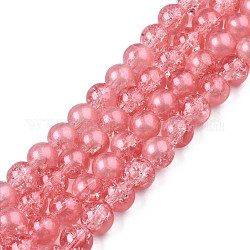 Hebras de perlas de vidrio craquelado translúcido, con polvo del brillo, redondo, coral luz, 8x7.5mm, agujero: 1 mm, aproximamente 100~105 pcs / cadena, 31.50 pulgada ~ 33.07 pulgadas (80 cm ~ 84 cm)