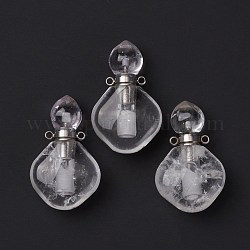 Natural Quartz Crystal Perfume Bottle Pendants, with Platinum Brass Findings, Rhombus, 35mm, Hole: 1.6mm