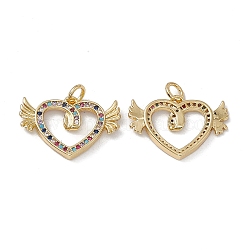 Brass Colorful Cubic Zirconia Pendants, with Jump Ring, Heart with Wings Charms, Real 18K Gold Plated, 16x22.5x2.5mm, Hole: 3mm