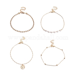 4 pièces 4 bracelets de cheville en alliage de style sertis de perles de résine et de breloque ronde plate, bracelets de cheville de tennis en zircone cubique transparente pour femmes, or clair, 8.46~9.25 pouce (21.5~23.5 cm)