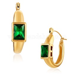 Green Cubic Zirconia Rectangle Hoop Earrings, 430 Stainless Steel Jewelry for Women, Golden, 23x7mm