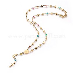 Collares de cuentas de rosario de 304 acero inoxidable, con esmalte mal de ojo, oval con virgen maría, cruz, dorado, 19 pulgada (48.3 cm)