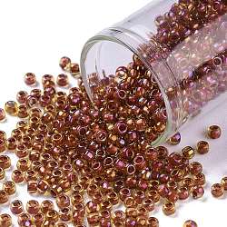 Toho perles de rocaille rondes, Perles de rocaille japonais, (951) couleur intérieure jonquil / brique rouge doublée, 8/0, 3mm, Trou: 1mm, à propos 222pcs / bouteille, 10 g / bouteille