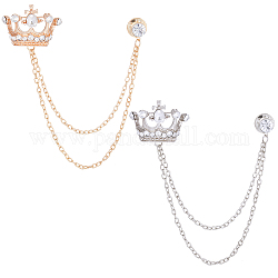 Gorgecraft 2Pcs 2 Colors Crystal Rhinestone Crown Hanging Chain Brooches, Men's Suit Collar Alloy Lapel Pins, Platinum & Golden, 150mm, 1Pc/color