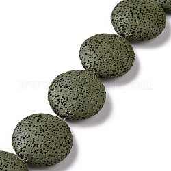 Brins de perles de roche de lave naturelle teintes rondes plates, vert olive foncé, 32~33x8mm, Trou: 2mm, Environ 12 pcs/chapelet, 15 pouce