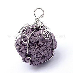 Grands pendentifs irréguliers en pierre de lave synthétique, avec les accessoires en laiton plaqués de platine, teinte, support violet, 48x31x33mm, Trou: 6.5mm