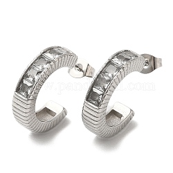 Crystal Rhinestone Round Stud Earrings, 304 Stainless Steel Half Hoop Earrings, Stainless Steel Color, 19~19.5x4.5mm