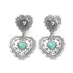 Bijoux coeur saint valentin pour femme, Boucles d'oreilles pendantes en alliage avec turquoise synthétique, argent antique, cœur, 61x33mm
