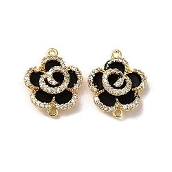 Brass Micro Pave Clear Cubic Zirconia Connector Charms, with Black Enamel, Flower Links, Real 18K Gold Plated, 17x14x6mm, Hole: 1mm and 1.2mm