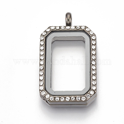 Alloy Magnetic Locket Pendants, with Rhinestone and Glass, Rectangle, Crystal, Gunmetal, 40.5x23.5x8mm, Hole: 4mm, Inner Measure: 24.5x15mm