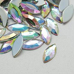 Cabuchones de diamante de imitación de acrílico de Taiwan imitación, la espalda plana y facetas, ojo del caballo, color de ab, claro ab, 15x7x1.8mm, aproximamente 2000 unidades / bolsa