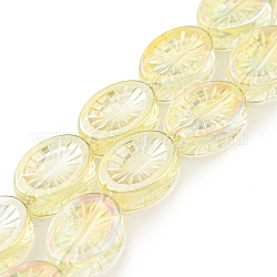 Abalorios de vidrio electrochapdo, chapado en arco iris , ovalada con flores, amarillo claro, 14x10.4x4.8mm, agujero: 1.2 mm, aproximamente 45 pcs / cadena, 25.04 pulgada (63.6 cm)