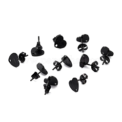 Accessoires de puces d'oreilles en 304 acier inoxydable, avec des poussoirs d'oreilles, coeur texturé, électrophorèse noir, 12x9mm, Trou: 1.4mm, pin: 0.7 mm