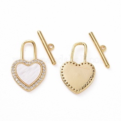 Brass Micro Pave Clear Cubic Zirconia with Shell Toggle Clasps, Heart Lock, Real 18K Gold Plated, Bar: 18x4x1.5mm, Hole: 1.2mm, Heart: 22.5x14.5x2.5mm