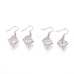 Natural Quartz Crystal Dangle Earrings, with Brass Findings, Round Bead Inside, Geometry, 38mm, Pin: 0.7mm