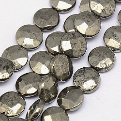 Chapelets de perles de pyrite naturelle , plat rond, facette, 12x5mm, Trou: 1mm, Environ 34 pcs/chapelet, 15.74 pouce
