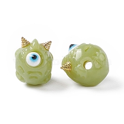 Perles de résine opaques d'halloween, avec cornes en alliage doré, monstre à un seul œil, vert jaune, 13x10.5x12mm, Trou: 1.8mm