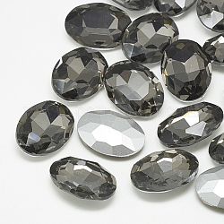 Cabochons en verre avec strass de dos avec point, dos plaqué, facette, ovale, diamant noir, 14x10x4.5mm