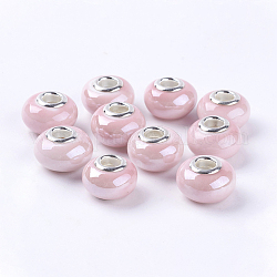 Handgefertigte Porzellan Keramik Abstandsperlen passen europäischen Charme Armbänder, mit silberner Farbe Messing-Doppelkerne, Rondell, rosa, 15x11 mm, Bohrung: 5 mm