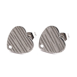 304 Stainless Steel Stud Earring Findings, with Ear Nuts/Earring Backs and Hole, Textured Heart Shape with Cross Grain, Stainless Steel Color, 12x13x1mm, Pin: 0.8mm