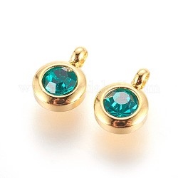 304 Stainless Steel Rhinestone Charms, July Birthstone Charms, Flat Round, Emerald, 9.3x6.5x4mm, Hole: 2mm