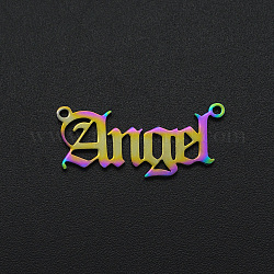 Ion Plating(IP) 201 Stainless Steel Links, Old English, Angel, Laser Cut, Rainbow Color, 10.5x24x1mm, Hole: 1.2mm