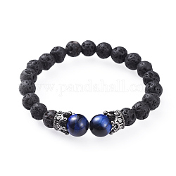 Natural Lapis Lazuli Stretch Bracelets, with Natural Lava Rock Beads and Brass Micro Pave Cubic Zirconia Beads, Crown, Gunmetal, 1-7/8 inch(4.9cm)
