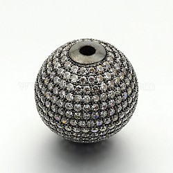 Perles rondes en laiton avec zircone cubique de micro pave, sans cadmium et sans plomb, clair, gunmetal, 20mm, Trou: 3mm